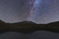 Beautiful night landscape, bright milky way galaxy over lake and mountains. Space, astronomical background. Summer night. Royalty Free Stock Photo