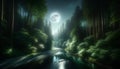 a beautiful night landscape featuring a forest and a river reflecting the moonlight Royalty Free Stock Photo