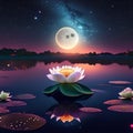 beautiful night landscape with a lotus flower on the water and moon Generative AI Royalty Free Stock Photo