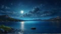 beautiful night landscape with mountain lake and stars in full moon light Royalty Free Stock Photo