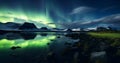 Beautiful night landscape of mountains reflected in a lake during the aurora borealis