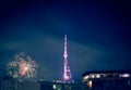 Beautiful night landscape with salute and fireworks by captal Tv tower on Mtantsminda hill in Tbilisi city Royalty Free Stock Photo