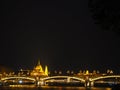 A beautiful night panorama of Budapest the capital of Hungary with Danube river and illuminated bridge and Parliament Royalty Free Stock Photo