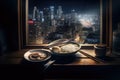 beautiful night scene with view of the city, with ramen bowl and chopsticks in the foreground