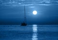 Beautiful night sea, yacht and full moon. Night classic blue seascape. Trendy Banner with color of the year 2020 Royalty Free Stock Photo