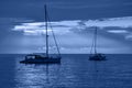 Beautiful night sea, yachts and full moon. Night classic blue seascape Royalty Free Stock Photo