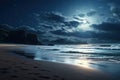 Beautiful night seascape with full moon and stars. 3d rendering, AI Generated Royalty Free Stock Photo