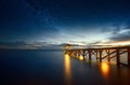 Beautiful night seascape with milky way in the sky and pier stretching into the ocean.