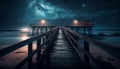 Beautiful night seascape with stars in the sky and pier stretching into the ocean. Summer, Travel, Vacation and Holiday Royalty Free Stock Photo