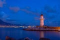 Beautiful night shot of the lighthouse on the pier in the old town of Alanya Royalty Free Stock Photo