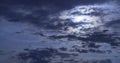 Beautiful night sky. The full moon illuminates clouds. Nature background.