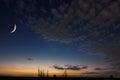 Beautiful night sky,moon, Beautiful clouds on night background. Moon Waning Crescent. Ramadan background