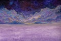 Beautiful night starry sky with fantasy clouds over mountains handmade oil painting