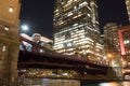 Beautiful night time establishing shot view of downtown Chicago bridge Royalty Free Stock Photo