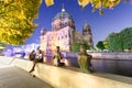 Beautiful night view of Berlin Cathedral and statues along Spree