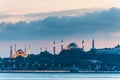 Beautiful night view of Bosphorus strait with Sultan Ahmed Mosque blue mosque and Hagia Sophiamosque, View from Uskudar, Royalty Free Stock Photo