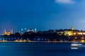 Beautiful night view of Bosphorus strait with Sultan Ahmed Mosque blue mosque and Hagia Sophiamosque, View from Uskudar, Royalty Free Stock Photo