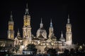 Beautiful night view of the Cathedral-Basilica of Our Lady of the Pillar in Zaragoza, Spain Royalty Free Stock Photo