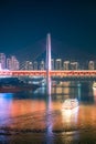 Beautiful night view of a colorful cruise ship traveling on River