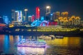 Beautiful night view of a colorful cruise ship traveling on River