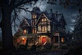 Beautiful night view of a luxury Victorian house in the garden, AI Generated Royalty Free Stock Photo