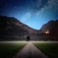 Beautiful night view of the Neuschwanstein castle, with milky wa Royalty Free Stock Photo