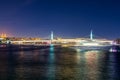 Beautiful night view of seascape of bosphorus strait with background of a bridge in Istanbul, Turkey Royalty Free Stock Photo