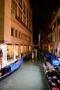 Beautiful night view to gondolas anchored in a canal. Royalty Free Stock Photo