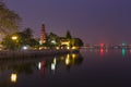 Beautiful night view of the Tran Quoc Pagoda on the small peninsula