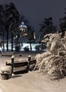 Beautiful night winter park in the center of Lviv city Ukraine with snow-covered trees and benches. St. George Cathedral church Royalty Free Stock Photo