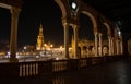 The splendid architecture of the Plaza de Espana in Seville illuminated on a beautiful spring night Royalty Free Stock Photo