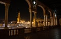 The splendid architecture of the Plaza de Espana in Seville illuminated on a beautiful spring night