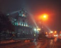 Beautiful nightscape of Bernardine church and monastery in historical city center at foggy night, Lviv, Ukraine