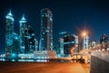 Beautiful nighttime Dubai skyline. Modern skyscrapers of business bay.