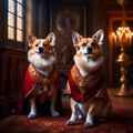 Beautiful noble royal corgi dog posing in a rich red suit in a vintage interior