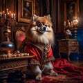 A beautiful noble Spitz dog poses in a rich red suit in a vintage interior