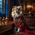 A beautiful noble Spitz dog poses in a rich red suit in a vintage interior