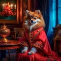 A beautiful noble Spitz dog poses in a rich red suit in a vintage interior