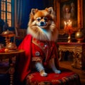 A beautiful noble Spitz dog poses in a rich red suit in a vintage interior