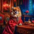 A beautiful noble Spitz dog poses in a rich red suit in a vintage interior