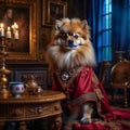 A beautiful noble Spitz dog poses in a rich red suit in a vintage interior