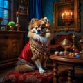 A beautiful noble Spitz dog poses in a rich red suit in a vintage interior