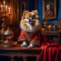 A beautiful noble Spitz dog poses in a rich red suit in a vintage interior