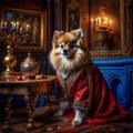 A beautiful noble Spitz dog poses in a rich red suit in a vintage interior