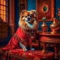 A beautiful noble Spitz dog poses in a rich red suit in a vintage interior