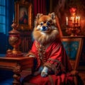 A beautiful noble Spitz dog poses in a rich red suit in a vintage interior