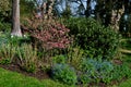 Beautiful nook in the spa park with light paths and flowering shrubs perennials and bulbs in a colorful combination of colors. tra Royalty Free Stock Photo