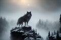 Beautiful northern landscape with giant wolf, warg Fenrir, AI generated