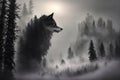 Beautiful northern landscape with giant wolf, warg Fenrir, AI generated