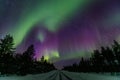 Beautiful Northern Lights Aurora Borealis in the night sky over winter Lapland landscape, Finland, Scandinavia